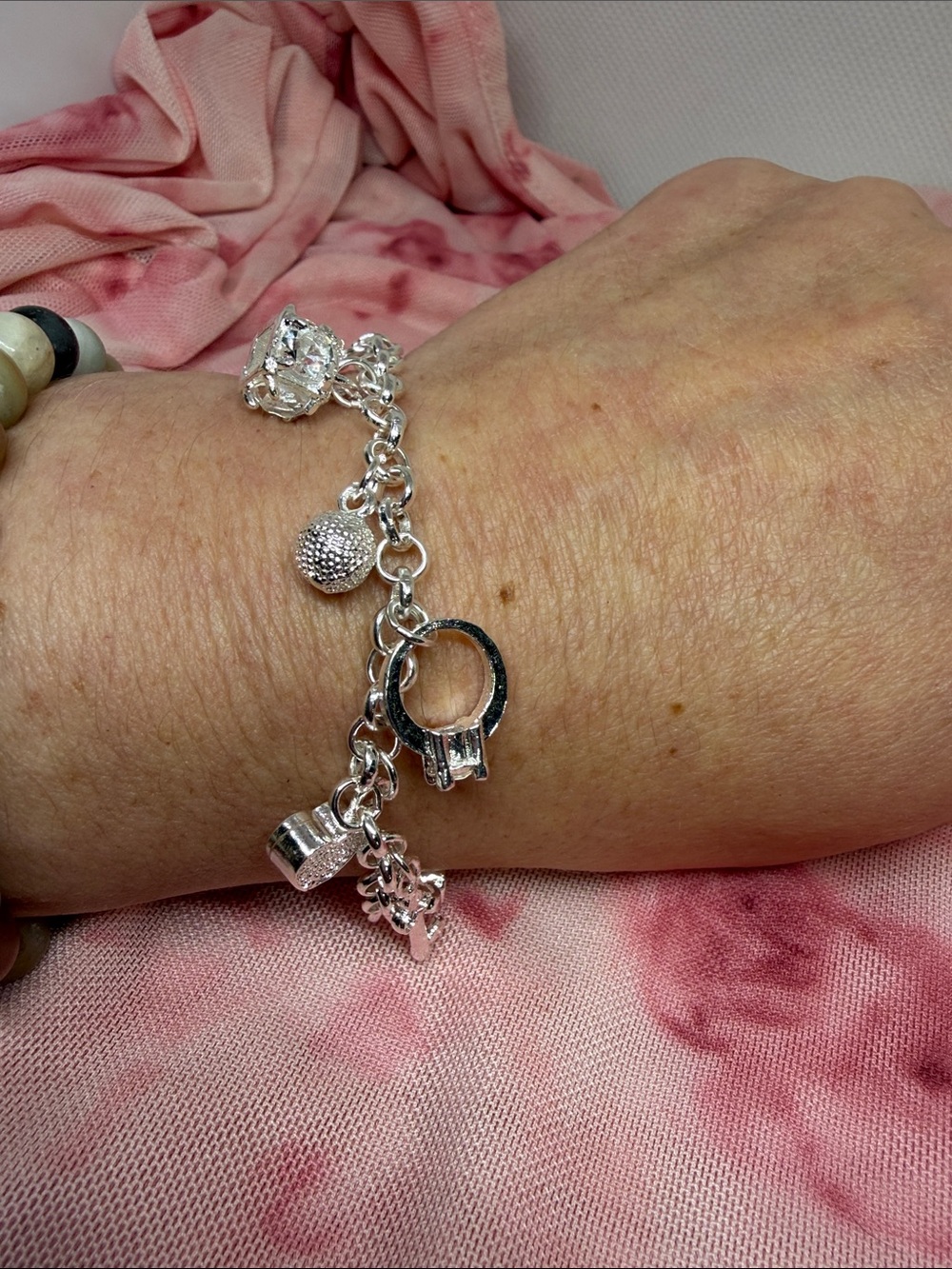 925 Sterling Silver Barbiecore Charm Bracelet Coquette Feminine Pave’ Charms